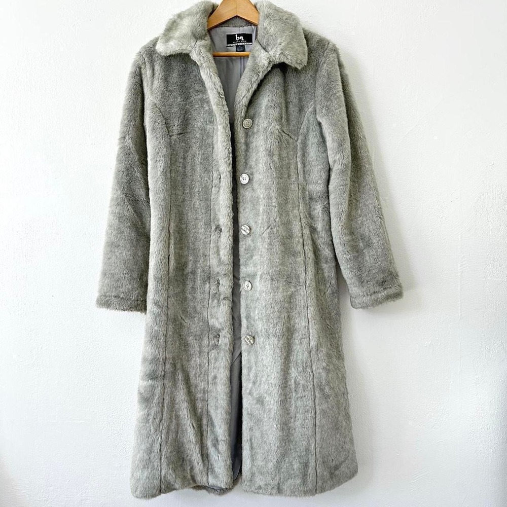 Blanc Noir Coat Women Small Grey Faux Fur Longline Button Front Outerwear Luxury